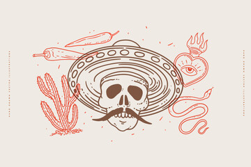 Set of traditional mexican symbols in linear style. Hand drawn skull with mustache in sombrero hat, snake, cactus, holopeno pepper, heart with eye. Vector illustration on isolated background.
