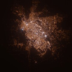Ciudad Juarez (Mexico) street lights map. Satellite view on modern city at night. Imitation of aerial view on roads network from space. 3d render with glow effect