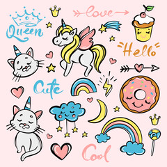 CUTE DOODLE SET CARTOON ANIMALS Hand Drawn Sketch With Animals Sweets And Handwriting Phrases. Vector Elements And Lettering. Unicorn Cat Rainbow Donut