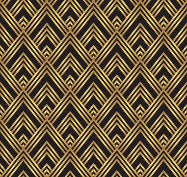 Art Deco arrow pattern. Luxury gold and black ornamental geometric decor. 
