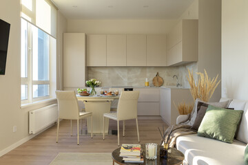 modern living room with open plan, kitchen with a dining table in the living room