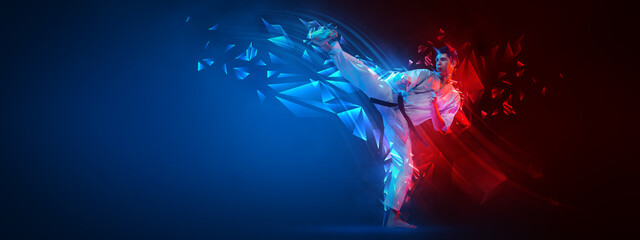 Collage with active young man, karate fighter in white kimono in action, motion isolated on blue-red background with neoned elements. Sport, ad concept - obrazy, fototapety, plakaty