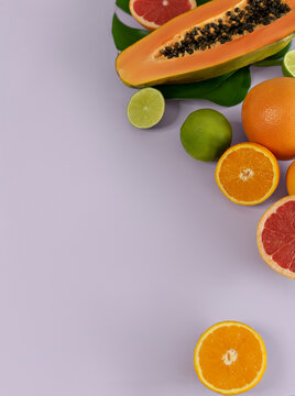 Image of bright citrus fruits lime, oranges, grapefruits and papaya. space for text. Natural vitamins nutrition concept.