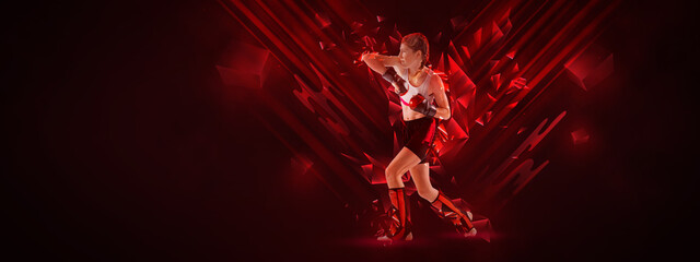 Sport collage with teen-girl, MMA fighter in action, motion isolated on dark background with neoned abstract elements. Concept of sport, competition