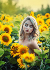 blonde girl stands in a field with sunflowers