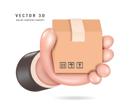 Hand holding a brown parcel box and the front of the box is facing the front,vector 3d isolated on white background minimalist style for online shopping,transport,and delivery concept design