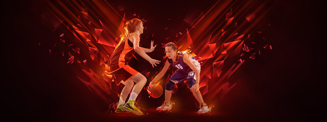 Creative artwork with two young female basketball players playing basketball isolated on dark...