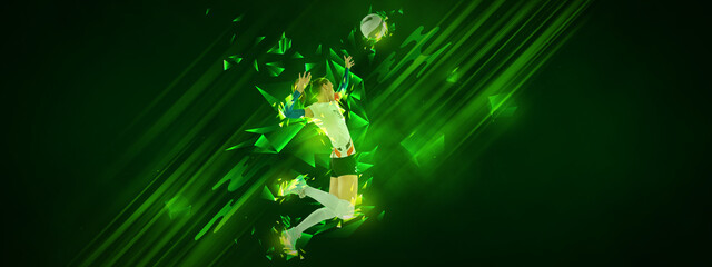 Collage with image of female volleyball player playing volleyball isolated on dark green background with neoned polygonal elements. Sport