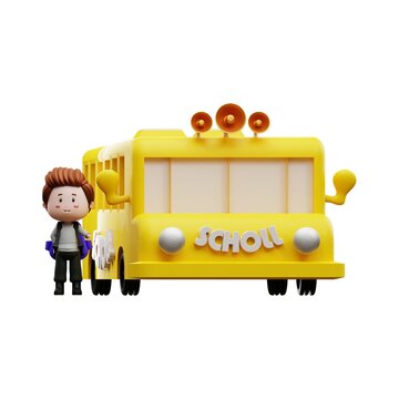 3d rendering of boy illustration with school bus