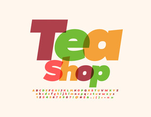 Vector creative banner Tea Shop. Artistic style Font. Colorful Alphabet Letters, Numbers and Symbols set