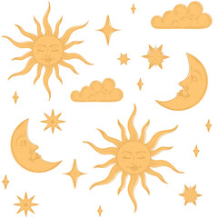 sun moon clouds and stars cosmic pattern print