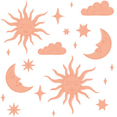 sun moon clouds and stars cosmic pattern print