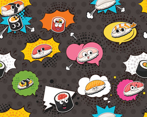Vector flat seamless texture pattern Hand drawn flat trendy cartoon elements collection Sushi