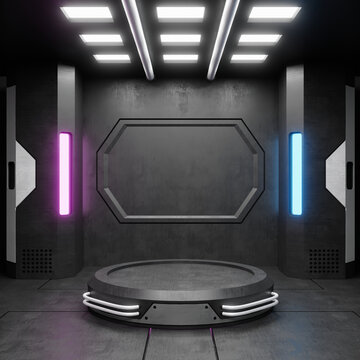 neon futuristic podium stage template, 3d rendering, coridor background