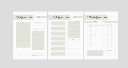 Set of minimalist planners. Daily, weekly, monthly planner template. Simple printable to do list. Business organizer page. Paper sheet. Realistic vector illustration. A4 and US Letter Ai, RGB/CMYK