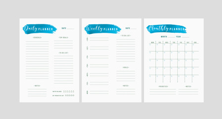 Set of minimalist planners. Daily, weekly, monthly planner template. Simple printable to do list. Business organizer page. Paper sheet. Realistic vector illustration. A4 and US Letter Ai, RGB/CMYK