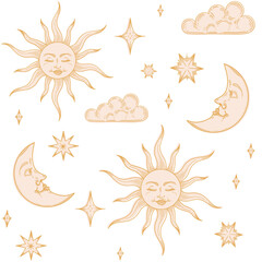 sun moon clouds and stars cosmic pattern print