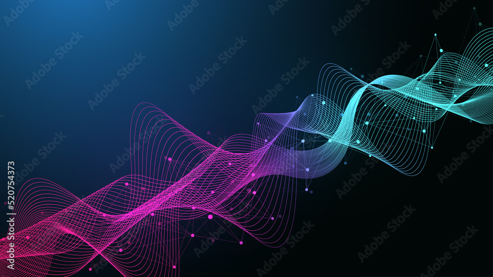 Poster Flowing geometric abstract background with connected lines and dots. Connectivity flow point. Molecule and communication background. Graphic connection background for your design, illustration.