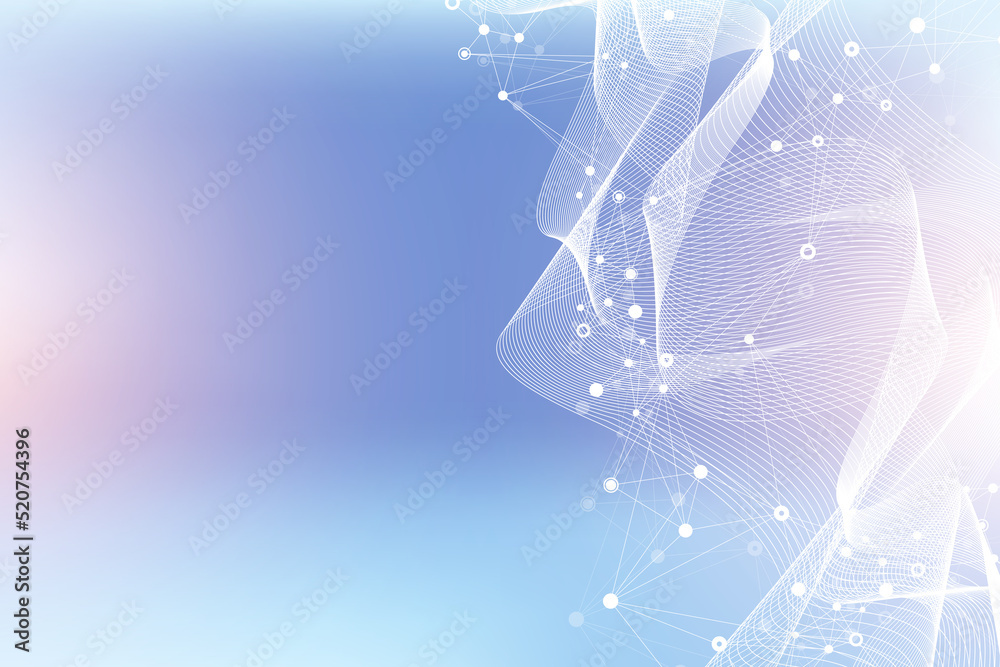 Poster Expansion of life. Colorful explosion background with connected line and dots, wave flow. Visualization Quantum technology. Abstract graphic background explosion, motion burst illustration.