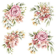 Set of watercolor floral arrangements with beautiful flowers