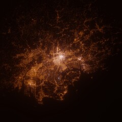 Okayama (Japan) street lights map. Satellite view on modern city at night. Imitation of aerial view on roads network. 3d render