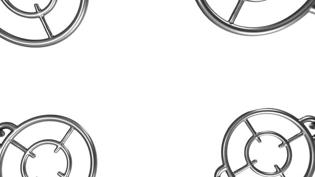 Targeting circles metal with chains converged spreading, 3d animation, over white
