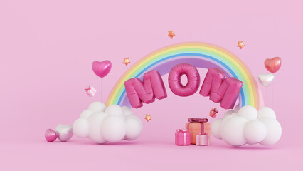 Happy mothers day Celebration, Balloon Mom text on rainbow with cloud and gift box, heart love, 3D rendering.