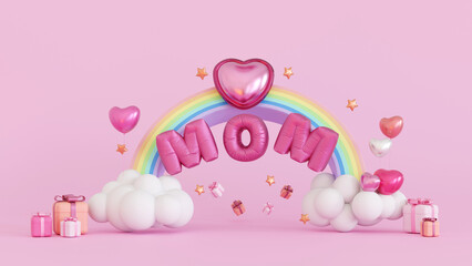 Happy mothers day Celebration, Balloon Mom text on rainbow with cloud and gift box, heart love, 3D rendering.
