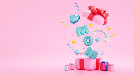 Happy mothers day Celebration, Balloon Mom text with gift box, heart love, copy space for add text, 3D rendering.