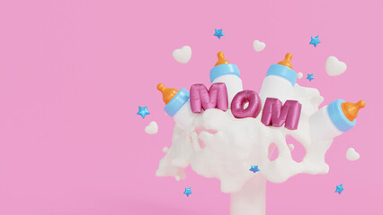 Happy Mothers day celebration, Mom text with baby bottle on milk splash, copy space add text, 3D rendering.