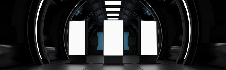 Blank mock up vertical billboard or LCD screen floor stand in spaceship or space station Sci Fi tunnel, Banner header Website, 3D rendering. - 520754763