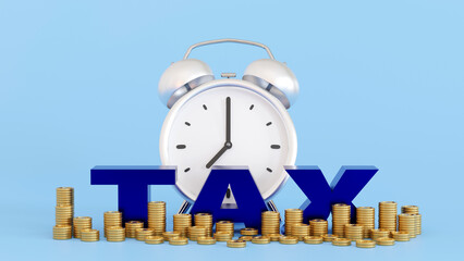 Tax time alarm clock with stack coin, tax concept, 3D rendering.