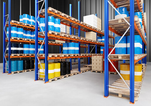 Storage shelving. Warehouse of manufacturing company. Barrels and boxes on pallets. Multi-tier racks for product storage. Distribution warehouse of manufacturing company. Storage space. 3d rendering.