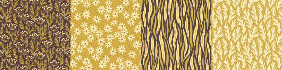 Set of hand-drawn seamless patterns with stylized wildflowers. Colorful floral illustrations for paper and gift wrap. Fabric print textured design. Creative stylish meadow background.