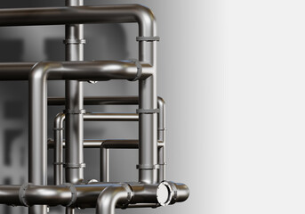 Utility-engineering room. Steel water pipes. Silver piping in technical room. Visualization pipes in front of gray background. Steel pipeline in technical room. Gas pipes intertwined. 3d image.
