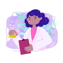 Africa American Female scientist with equipment and flower decoration around her