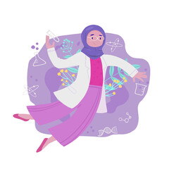 Female scientist muslim with equipment and flower decoration around her