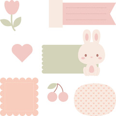 Cute digital note papers and stickers for bullet journaling or planning. Kawaii bunny, flower, and cherry. Ready to use digital stickers for digital planner. Vector art.