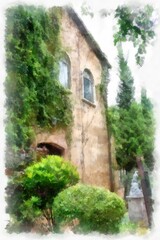 Obraz premium Ancient italian village architecture building watercolor style illustration impressionist painting.