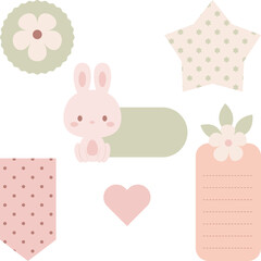 Cute digital note papers and stickers for bullet journaling or planning. Kawaii bunny and flowers. Ready to use digital stickers for digital planner. Vector art.