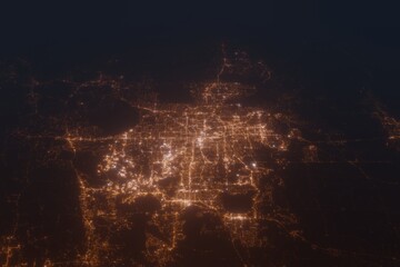 Aerial shot of Orlando (Florida, USA) at night, view from south. Imitation of satellite view on modern city with street lights and glow effect. 3d render