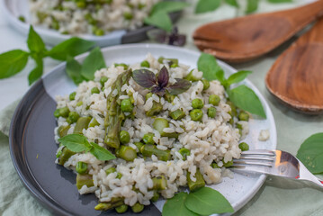 Spring food; Delicious risotto with asparagus and wild garlic