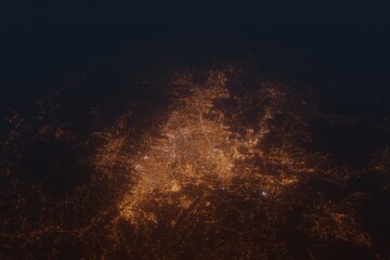 Aerial shot on Bandung (Indonesia) at night, view from west. Imitation of satellite view on modern city with street lights and glow effect. 3d render