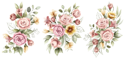 Behang Bloemen Set of watercolor floral frame bouquets of beautiful flowers