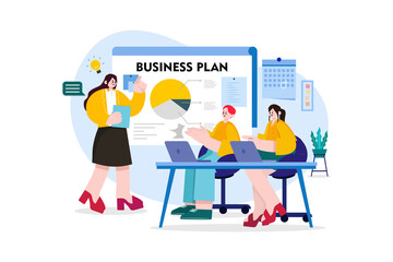 Business Woman Sharing Business Plan With Team Illustration concept. A flat illustration isolated on white background