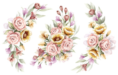 Set of watercolor floral arrangements for wedding or greeting cards elements