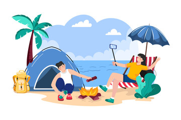 People Camping On The Beach Illustration concept