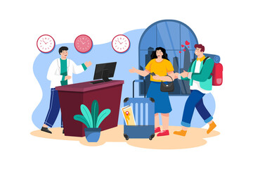 Young Couple With Suitcases Is Standing At The Hotel Reception Desk