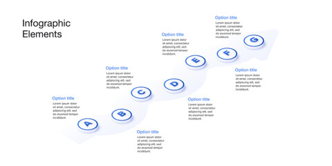 Business process chart infographics with 7 step circles. Circular workflow graphic elements. Company flowchart presentation slide. Vector info graphic in isometric design.
