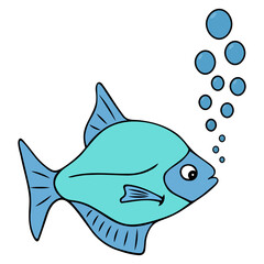 Sea fish releases bubbles. Blue inhabitant of the ocean and aquarium. Color vector illustration. Cartoon style. Exotic fish with tail and fins. Isolated background. Idea for web design.
